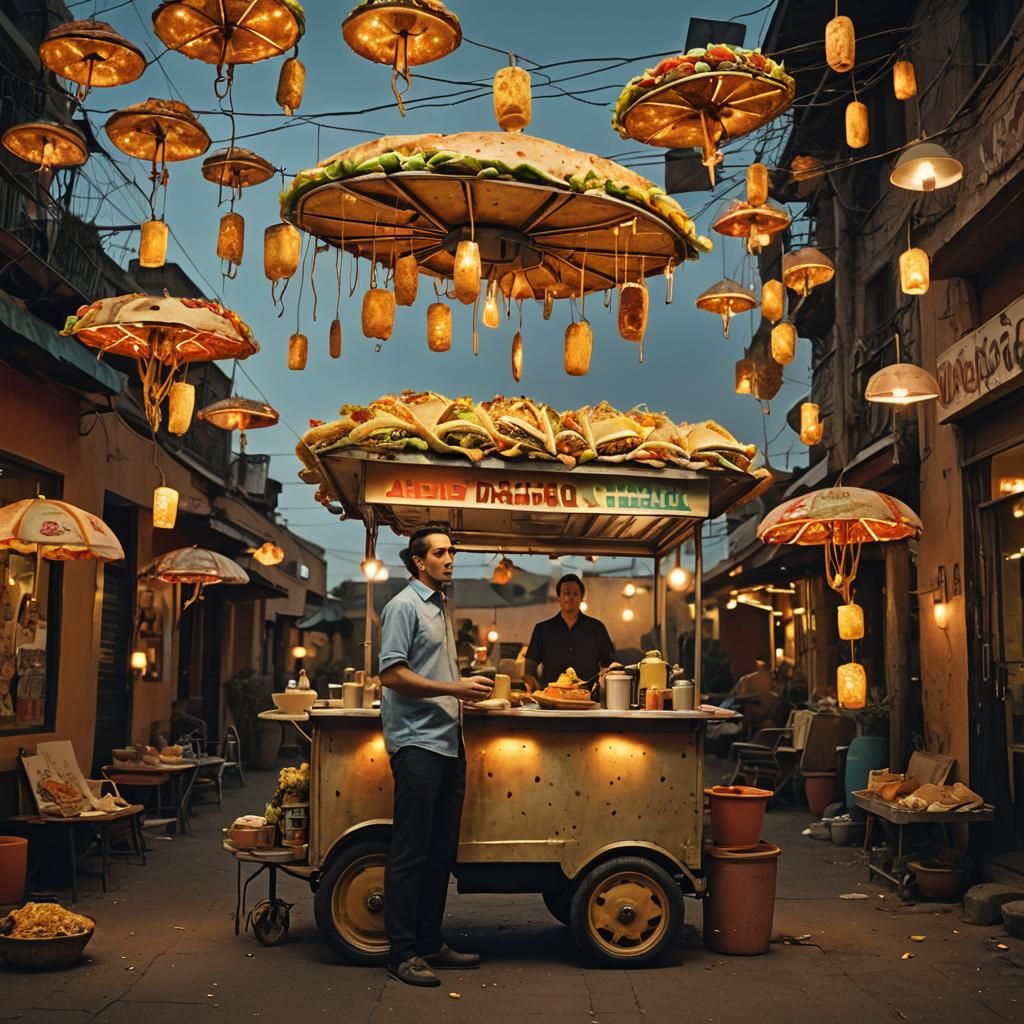 Surreal Food Cart Scene with Floating Tacos