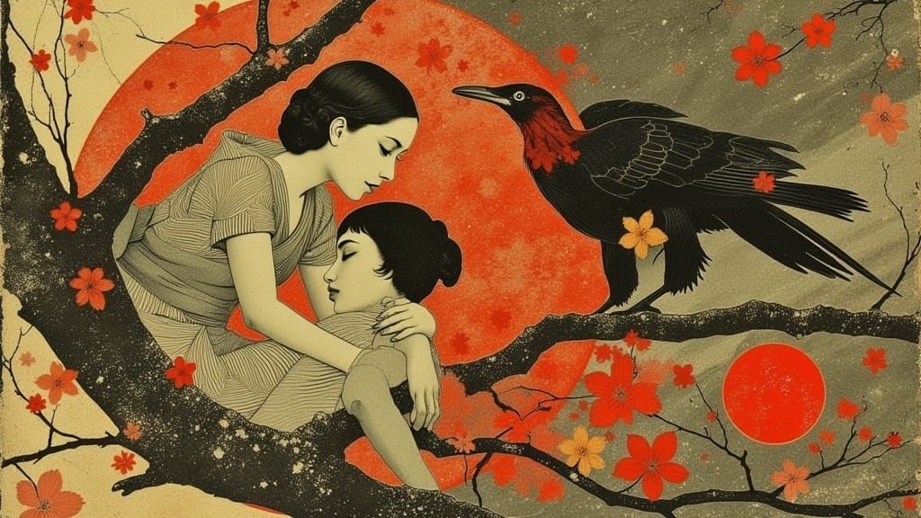 Japanese Woodblock Print: Figures in Colorful Embrace