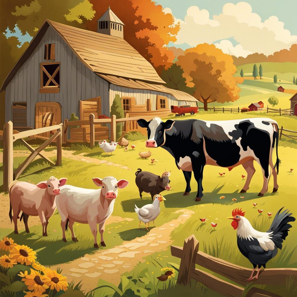 Lively Farm Scene with Animals in Rustic Setting