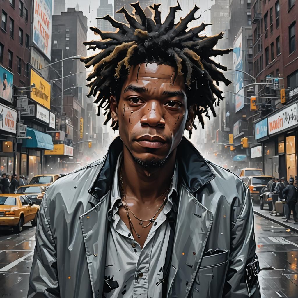 Basquiat-Inspired Street Art Portrait in Silver Light