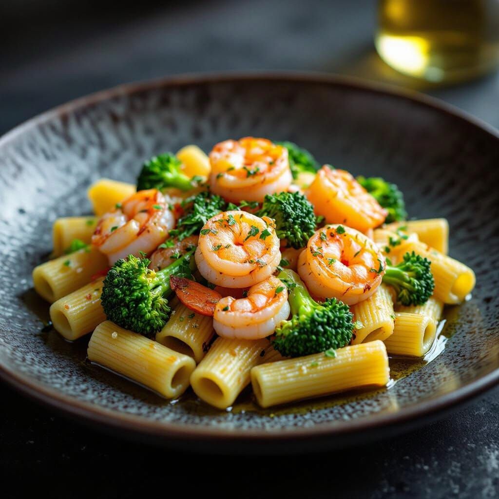 Shrimp Rigatoni Broccoli Aglio e Olio Modern Plating