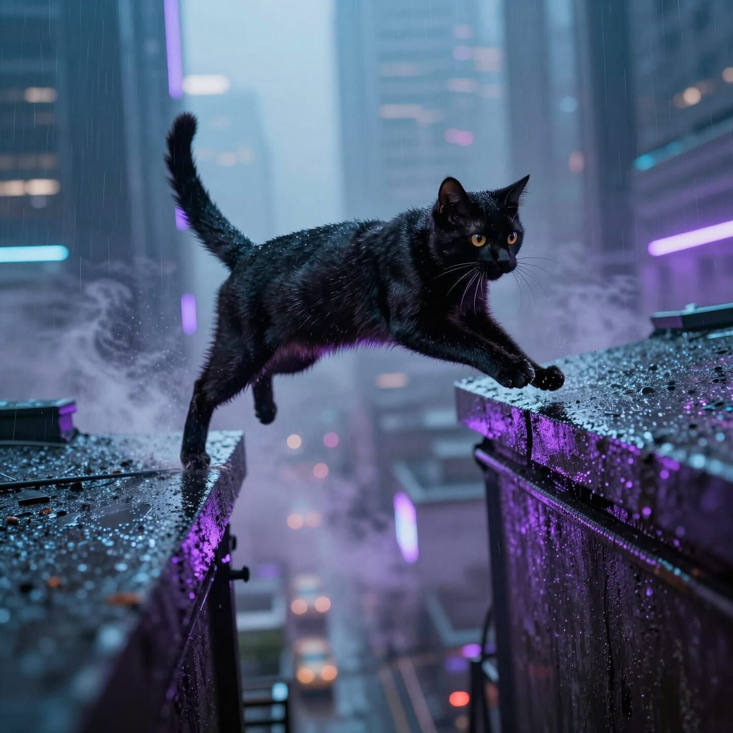 Sleek Black Cat Leaps Between Rooftops in Futuristic City