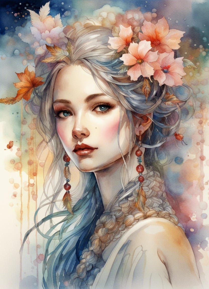 Watercolor Girl with Kimono and Cherry Blossoms