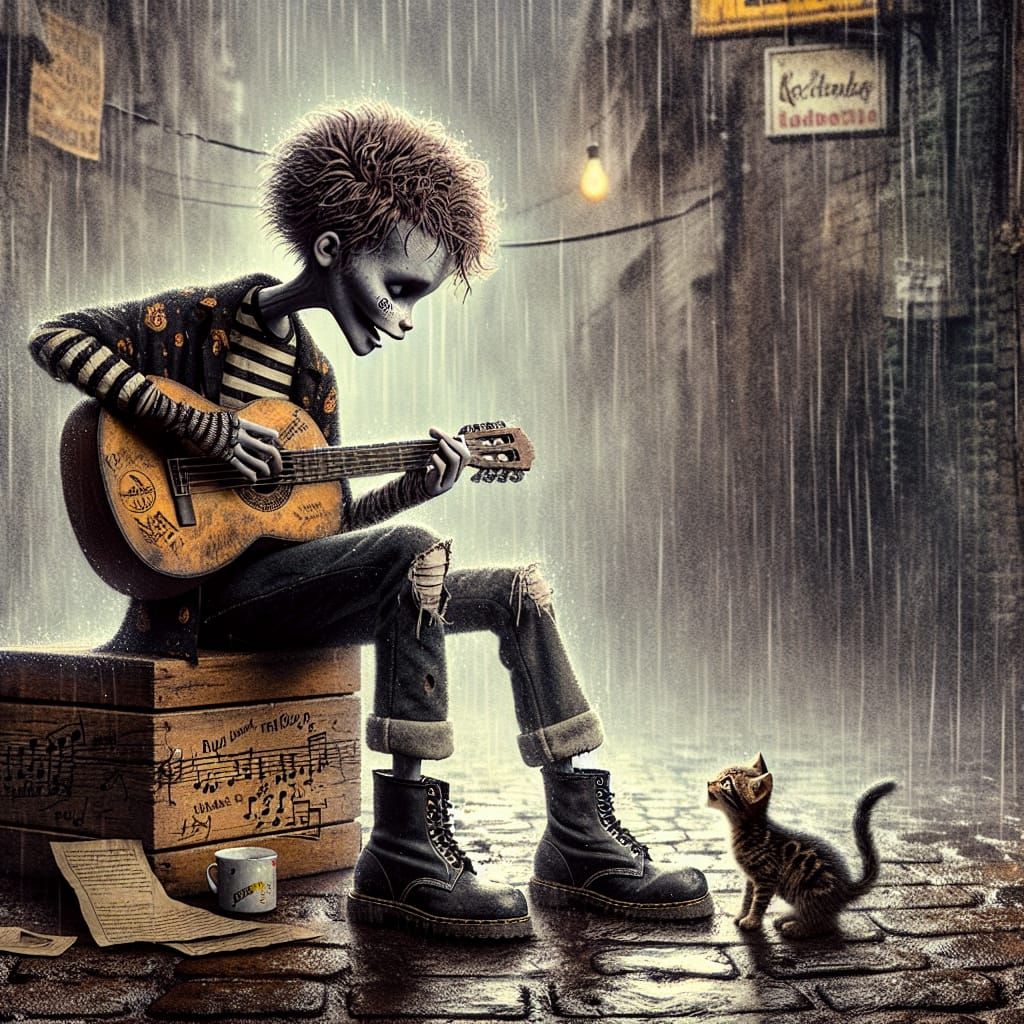 Gothic Teen Sings to Kitten in Rainy Alleyway