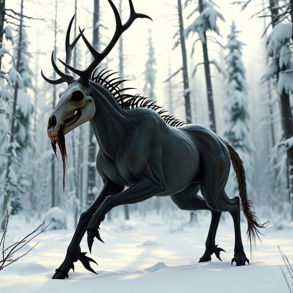 A Wendigo in canadian iced forests. His head is a skull of a...