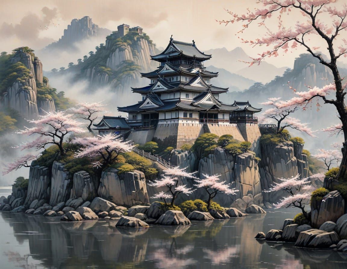 Edo Era Japanese Castle in Serene Landscape