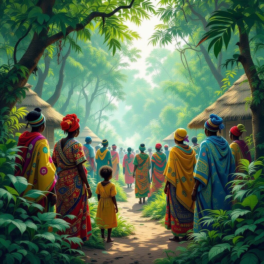 Vibrant African Village in Dreamlike Forest