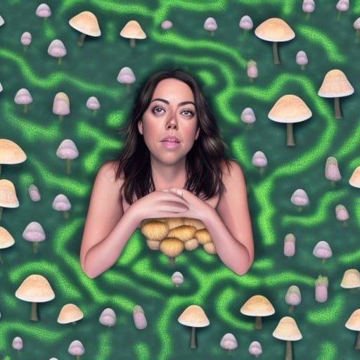 Aubrey Plaza in Mushroom Field, Holographic Illustration