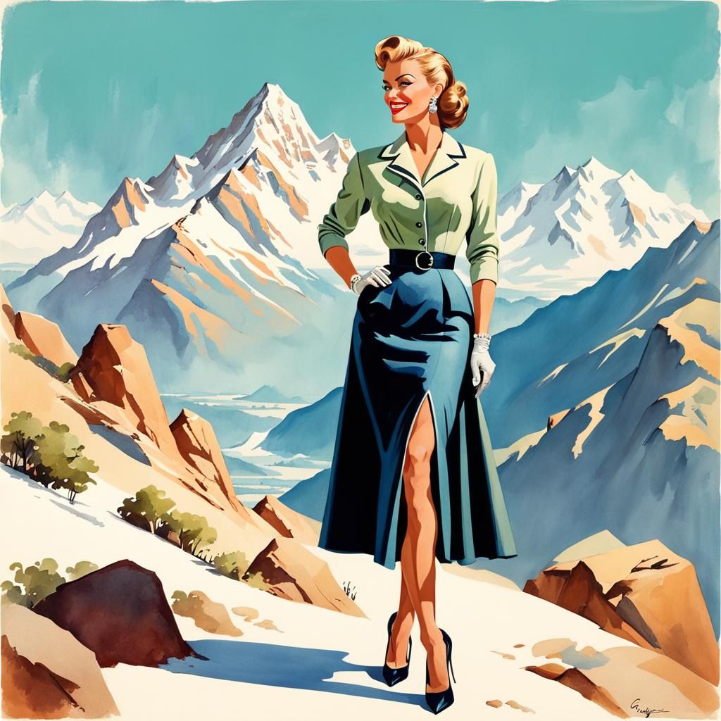 Elegant Woman in Watercolor Style with Mountain View