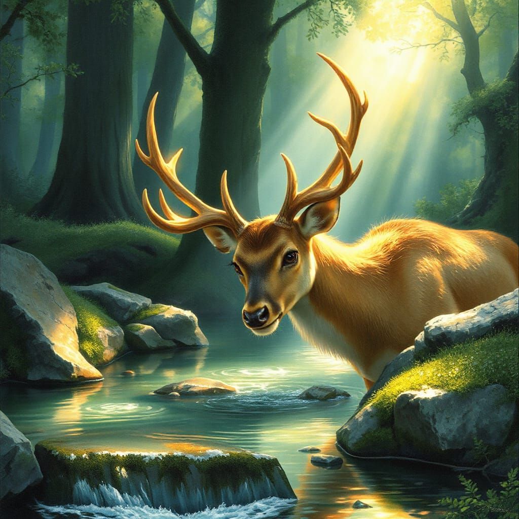 Magical Deer in Enchanted Forest Stream