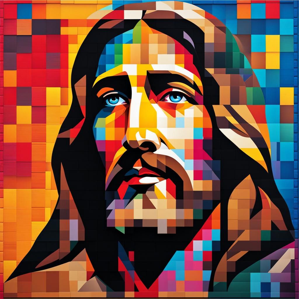 Pixelated Jesus Face in Graffiti Splash Art