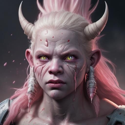 Hyperrealistic Pink-Eyed Half-Orc Splash Art