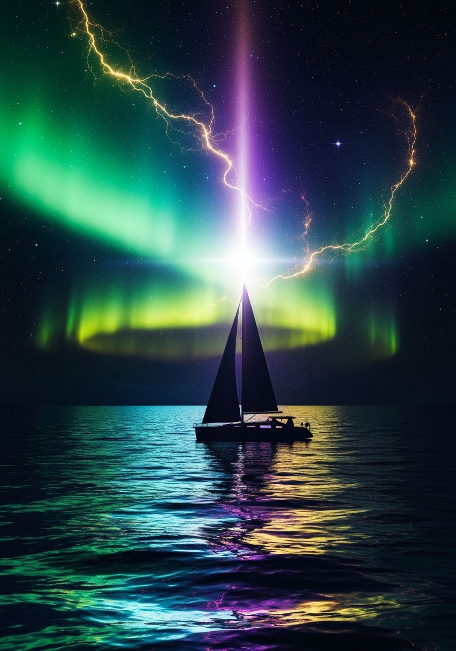 Sailboat Under Neon Aurora in Cyberpunk Style