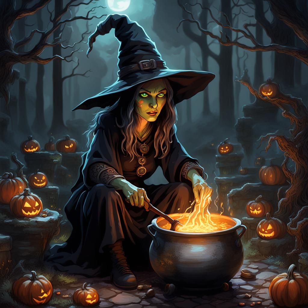 Glowing Eyed Witch Tending Cauldron
