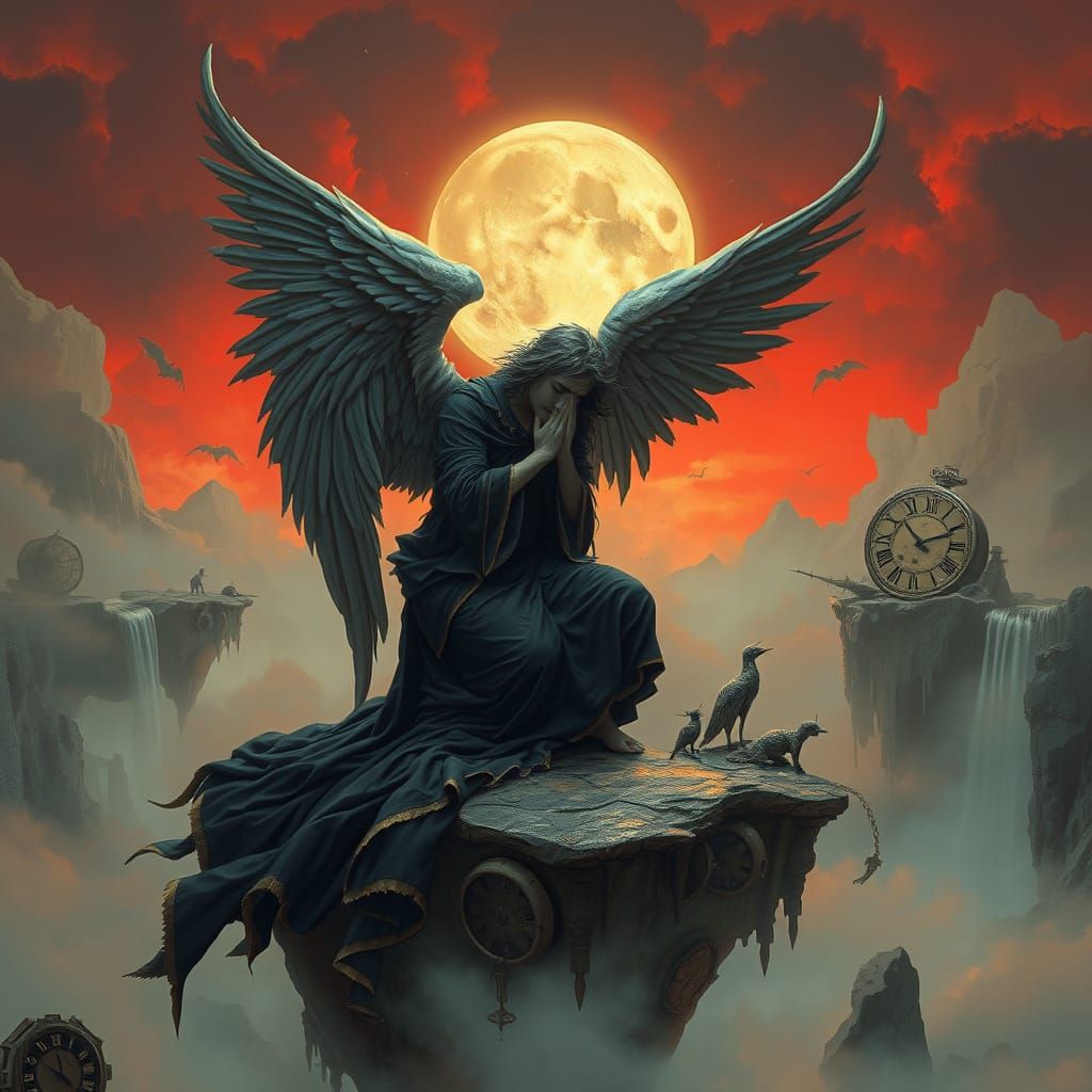 Fallen Angel on Floating Island in Dark Fantasy Style