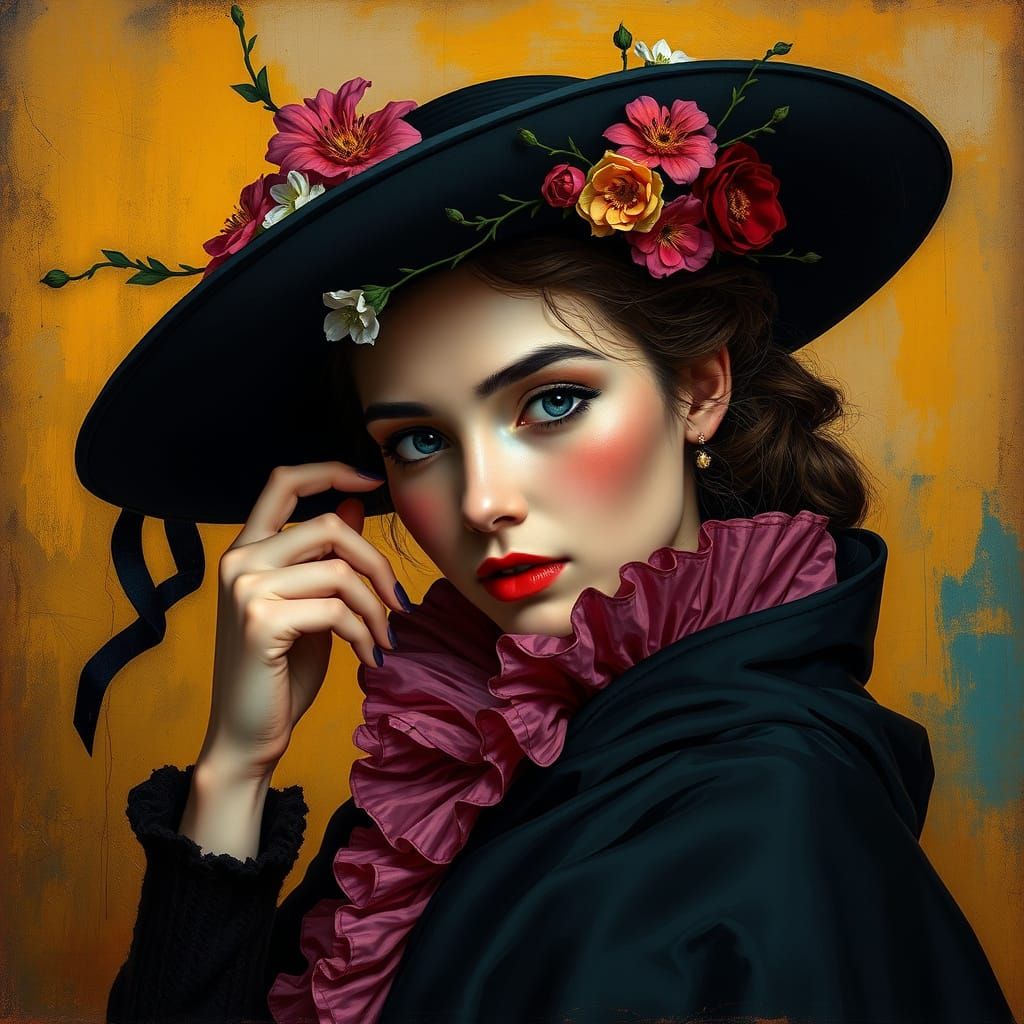 A captivating portrait of a woman with a youthful and playful expression, adorned with an elegant black hat covered in a...