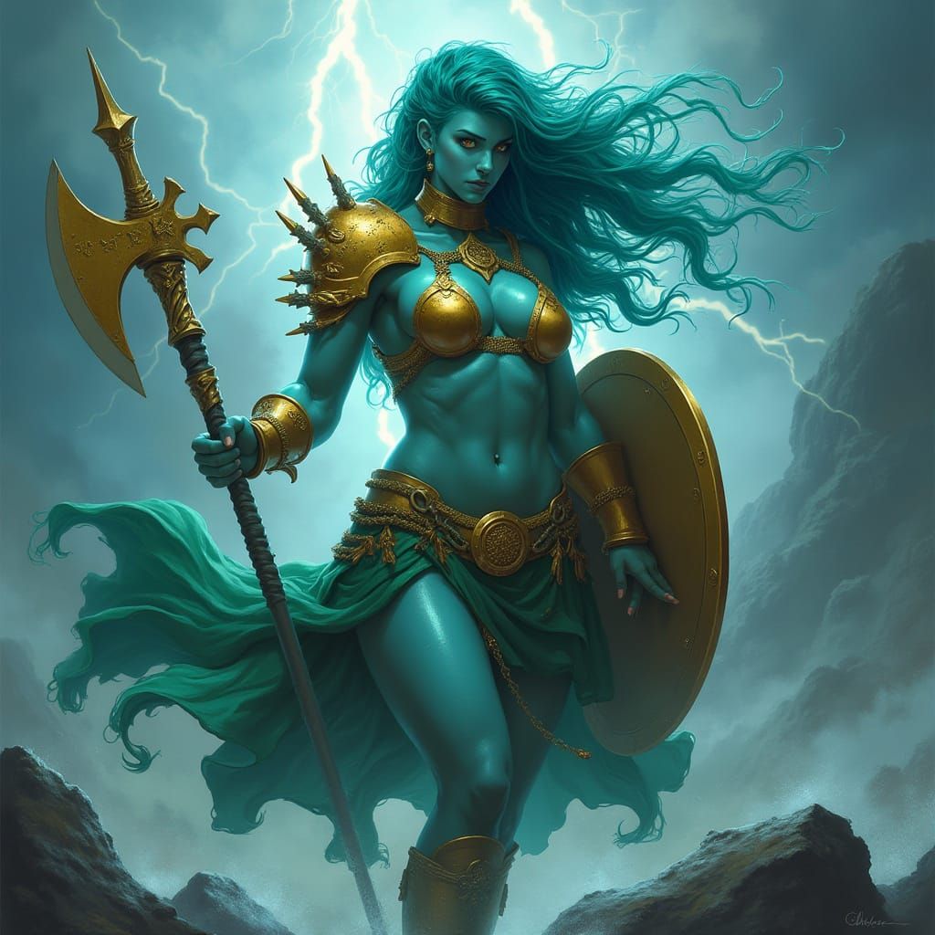 Ethereal Storm Guardian: Water Genasi Cleric in Golden Armor