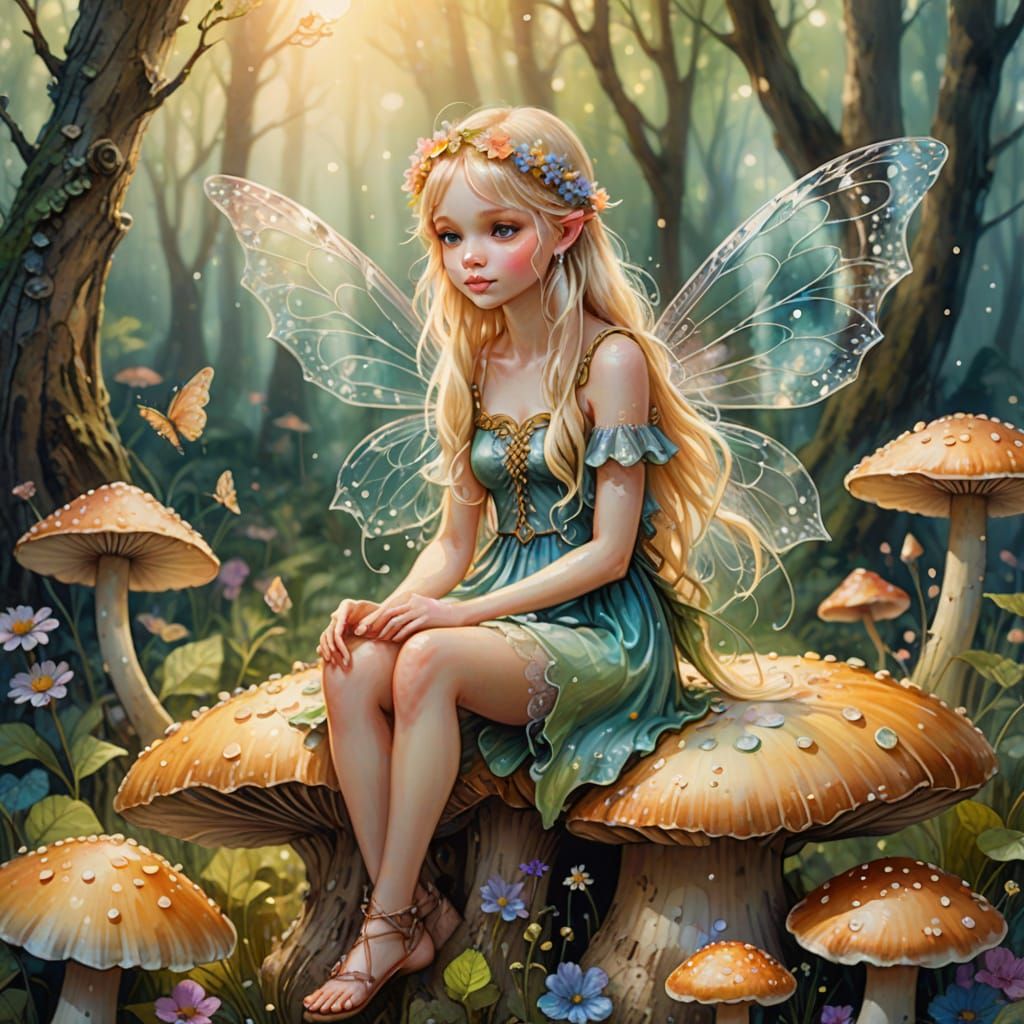 Blond Fairy on Mushroom in Whimsical Fantasy Art
