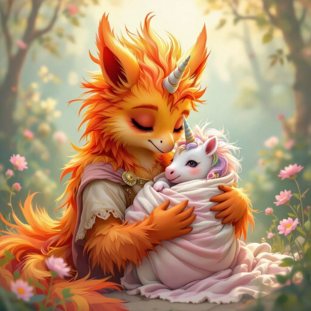 Phoenix Child Cradles Baby Unicorn in Dreamlike Setting