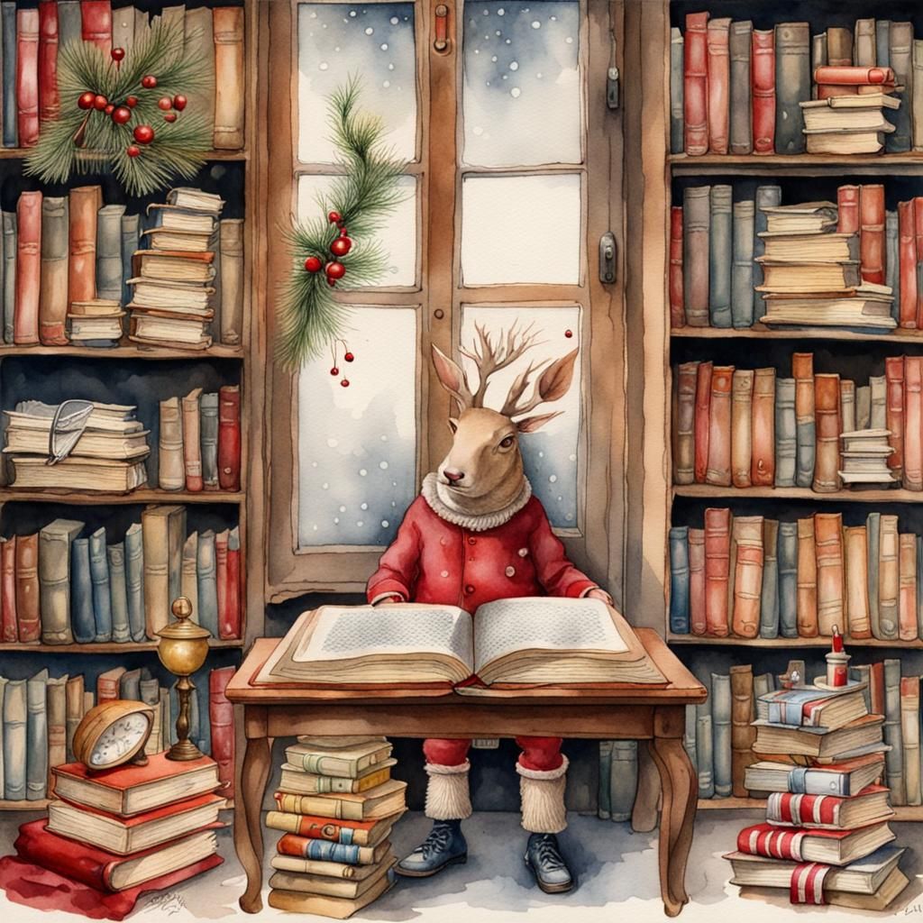 Surreal Watercolor Christmas Books: Detailed Festive Art