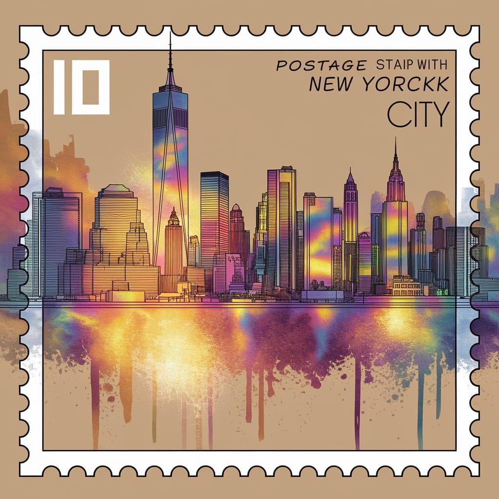 NYC Skyline Postage Stamp in Watercolor and Ink