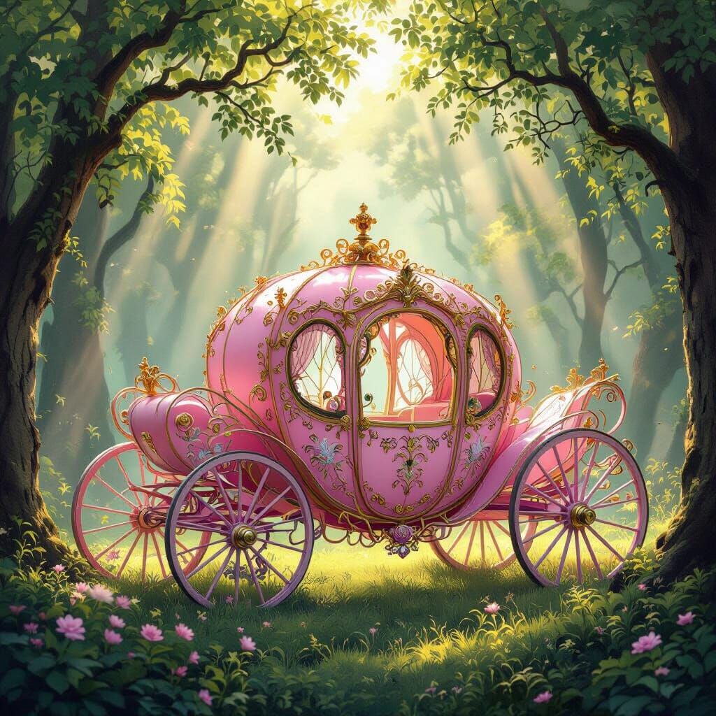Ornate Pink Princess Carriage in Sun-Dappled Forest Clearing