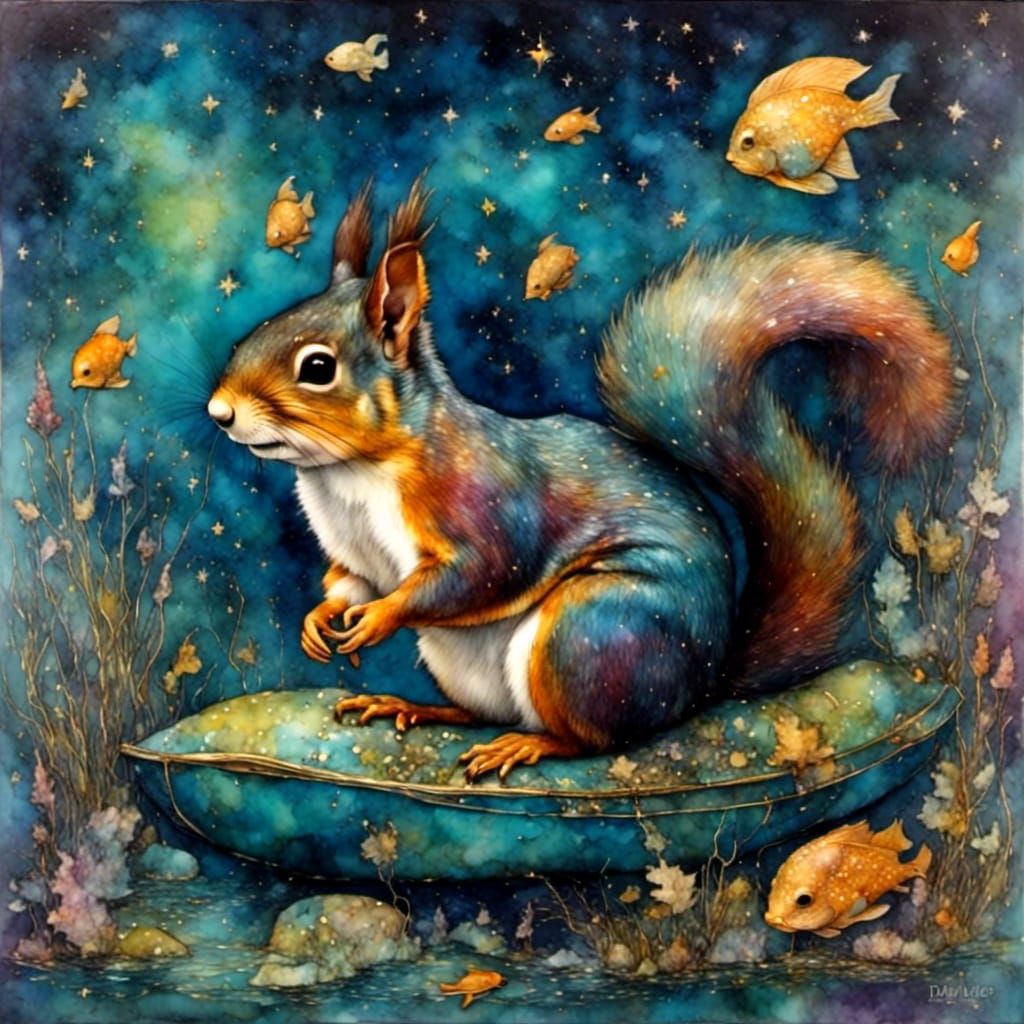 Squirrel in Swan Floatie: Mixed Media Collage