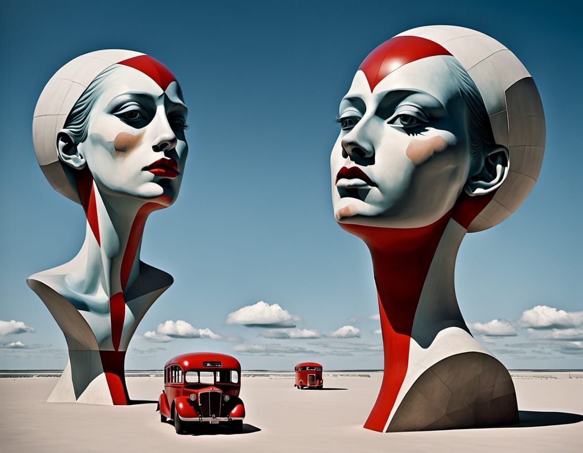Distorted Figure Descends from Red Bus Amidst Grid-Like Gara...