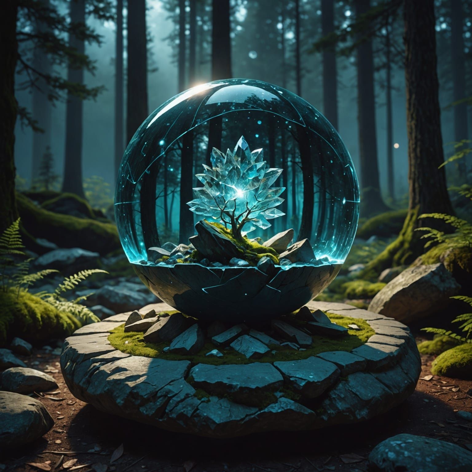 Magical Crystal Orb in Forest at Night