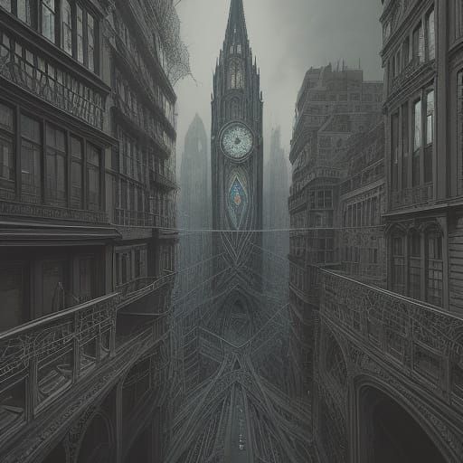 Surreal City Spiderweb at Dusk in Chiaroscuro