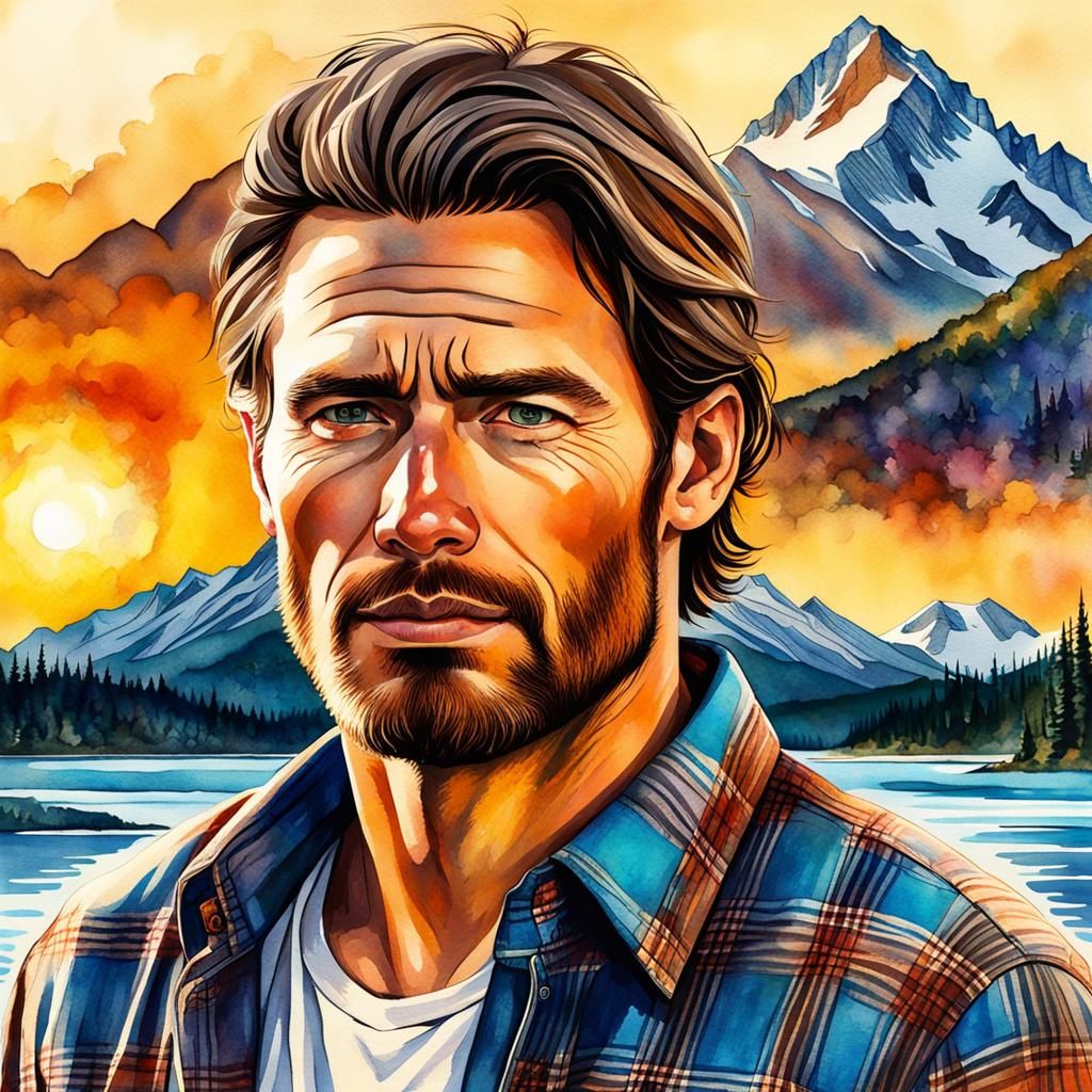 Handsome Man in Alaska, Watercolor Style