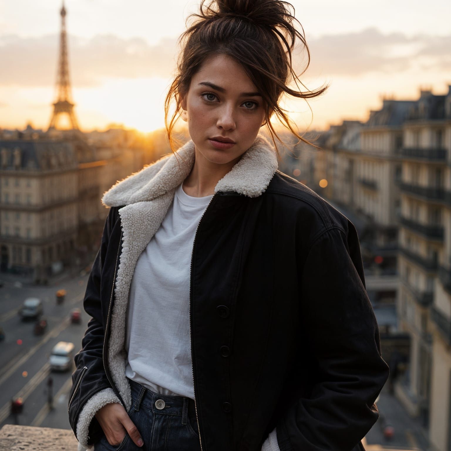 Fashion Supermodel in Paris at Sunset, Vertical Portrait