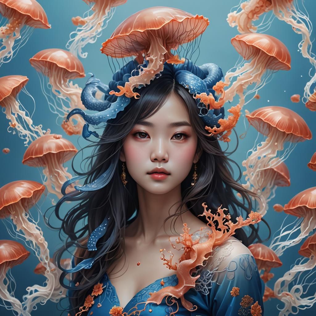 Portrait of Thai Woman with Jellyfish and Koi