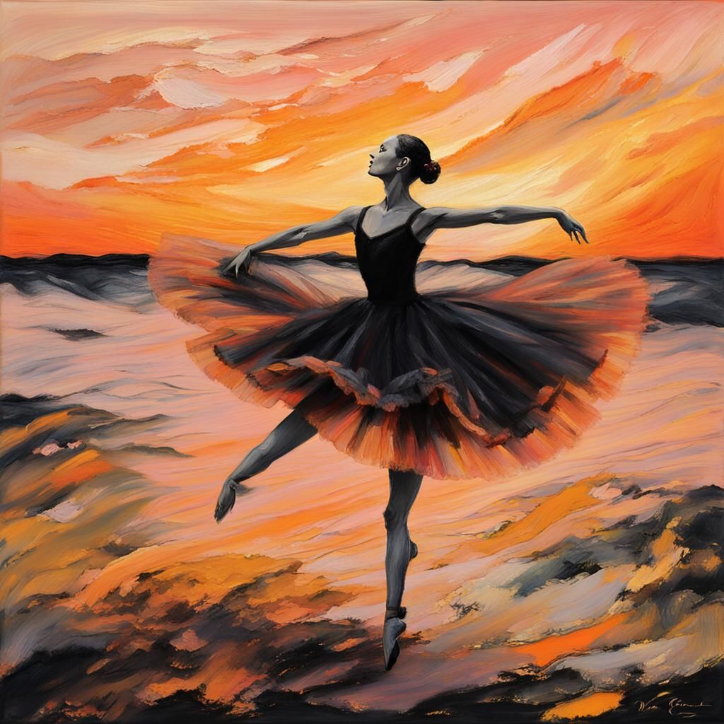 Ballerina in Orange Tulle Sunset: Impressionist Style