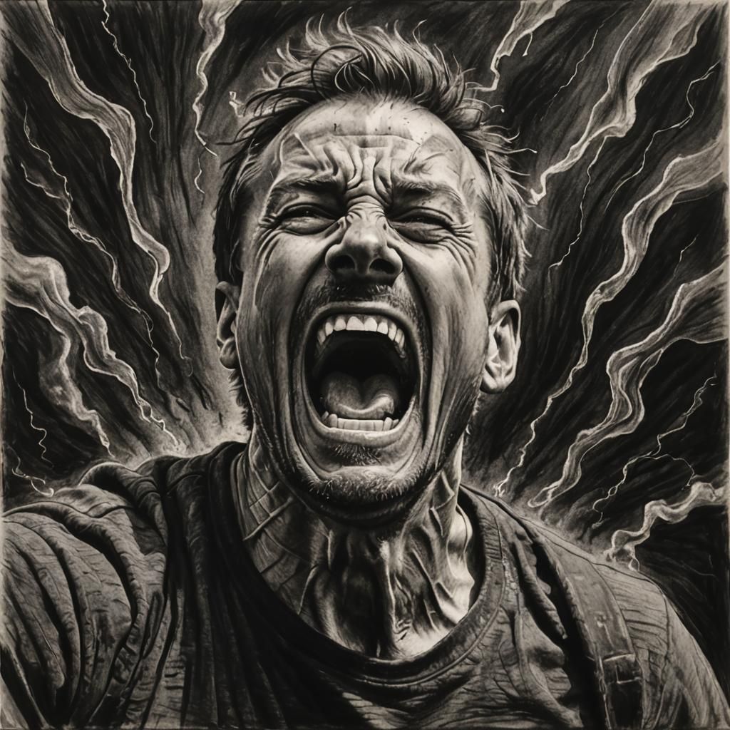Detailed Charcoal Drawing of Screaming Man