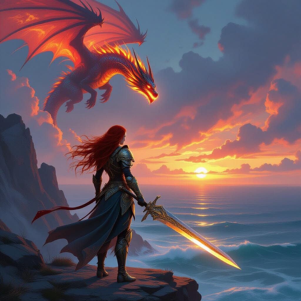 Warrior and Fire Dragon in Fantasy Realism