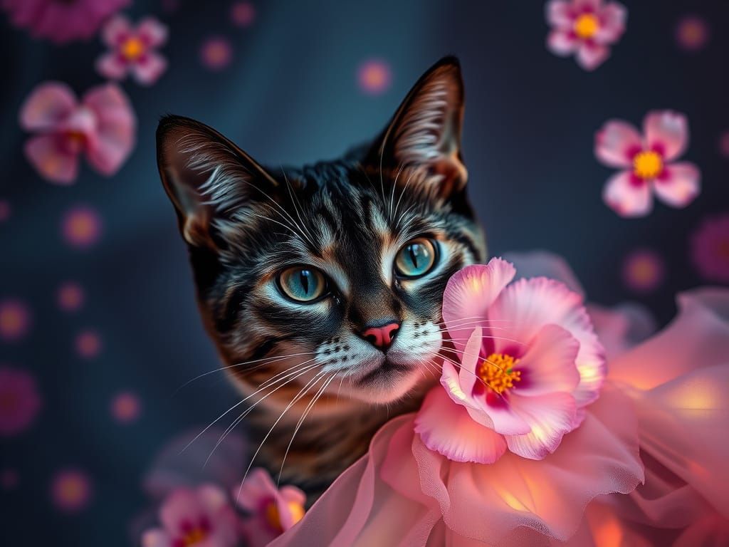 Bioluminescent Cats and Flowers in Cloisonné Style