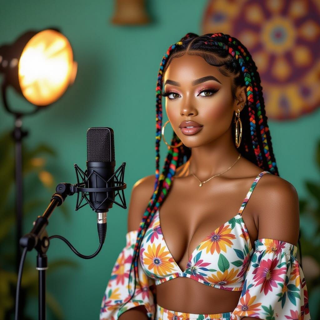 Elegant Black Woman Recording Podcast in Bohemian Style