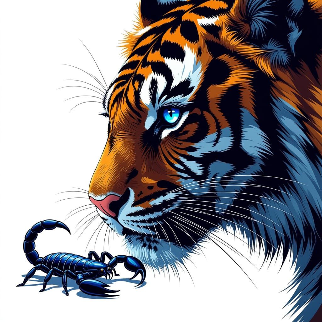 Tiger Profile with Blue Eye and Scorpion, Stylized Illustrat...