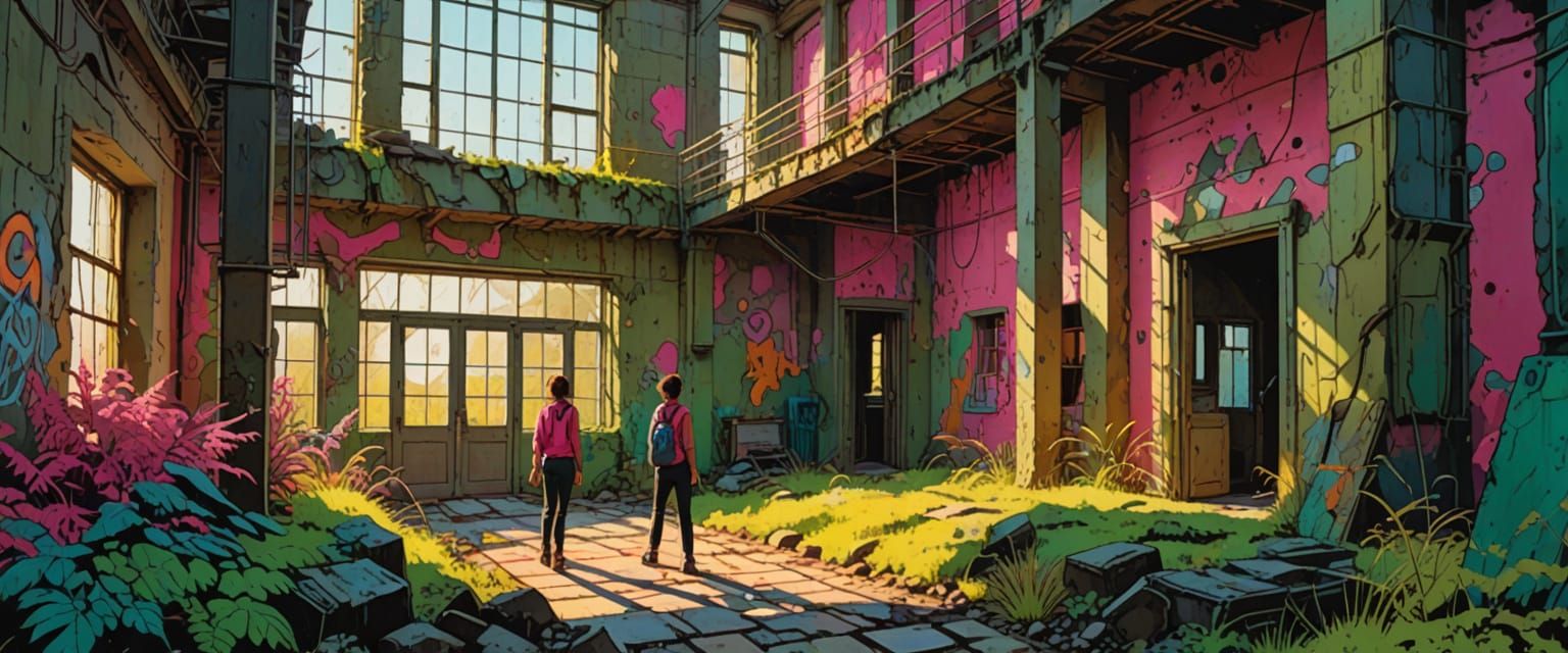 Couple Explore Abandoned Factory in Comic Book Style