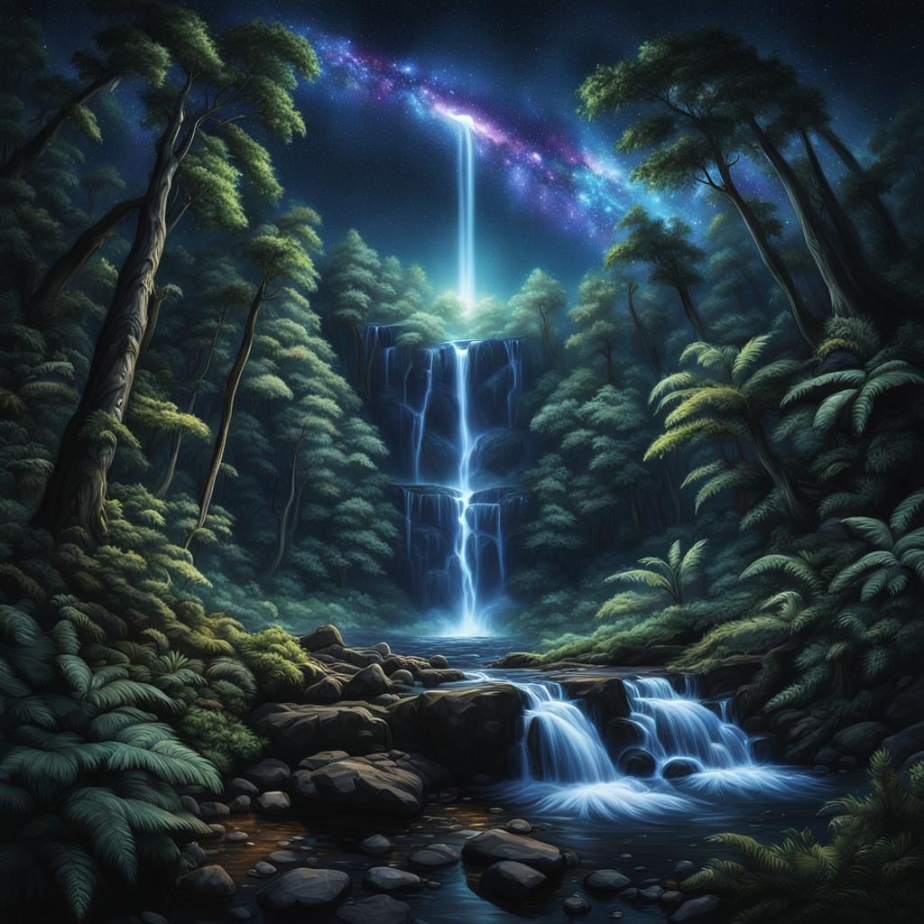 Night Waterfall in Lush Forest with Galaxy Sky