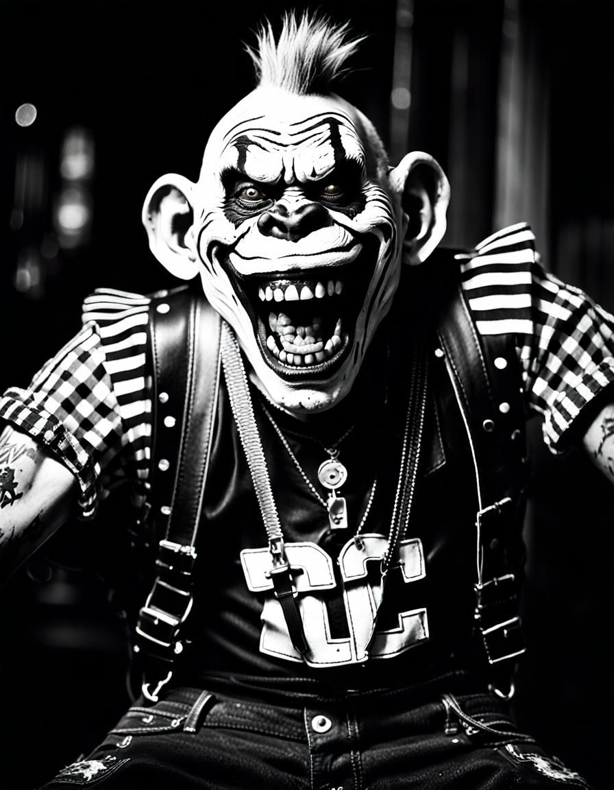 Zombie Monkey Punk Rocker in Black and White