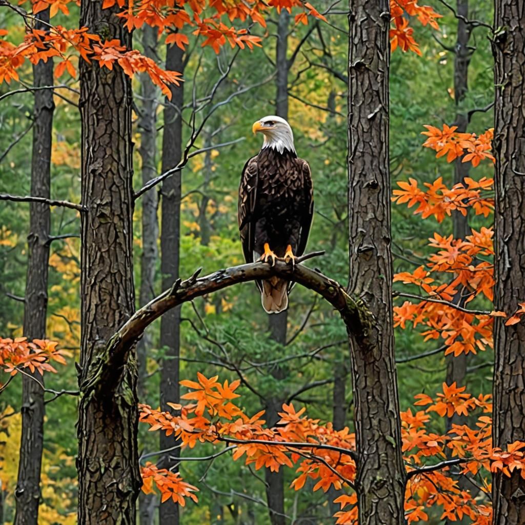 Bald Eagle in Autumn Forest Scene