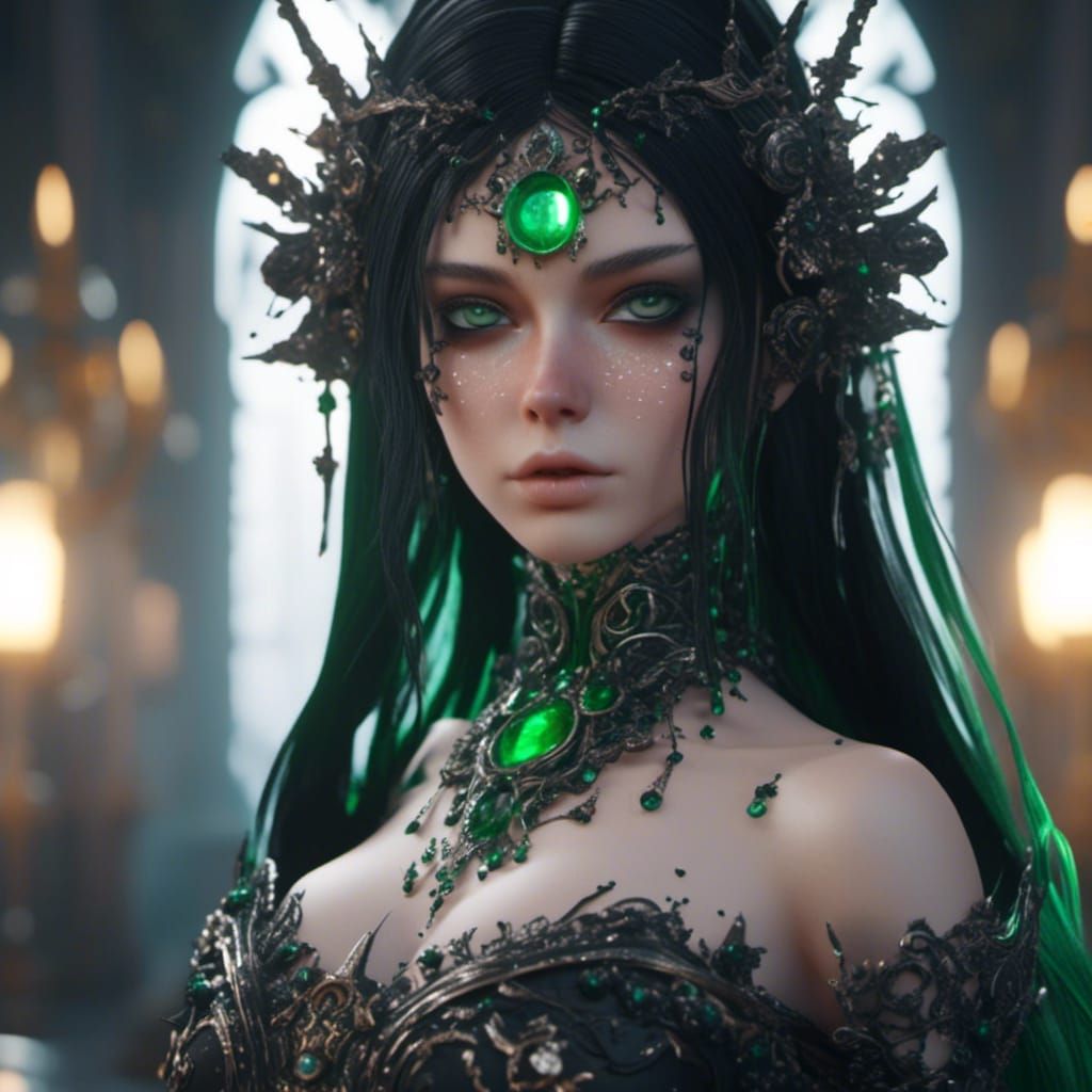 Gothic Girl with Green Eyes in 3D Cinematic Style