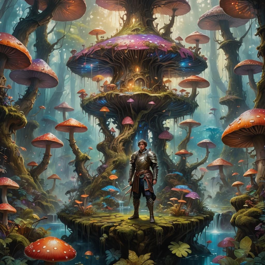 Ethereal Warrior in Vibrant Fantasy Landscape