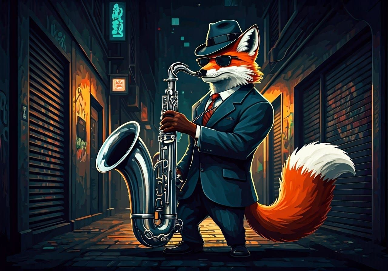 Fox Saxophonist in Urban Alleyway, Graphic Illustration