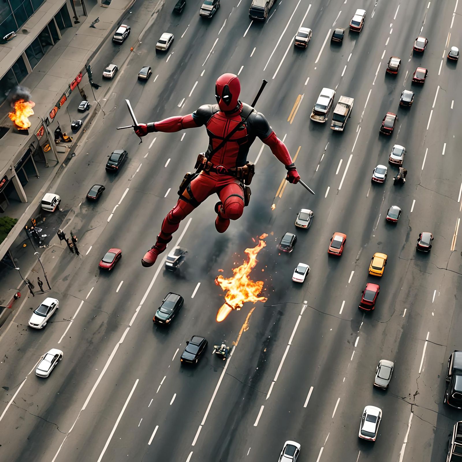 Deadpool Amid Highway Mayhem: A Cinematic Scene