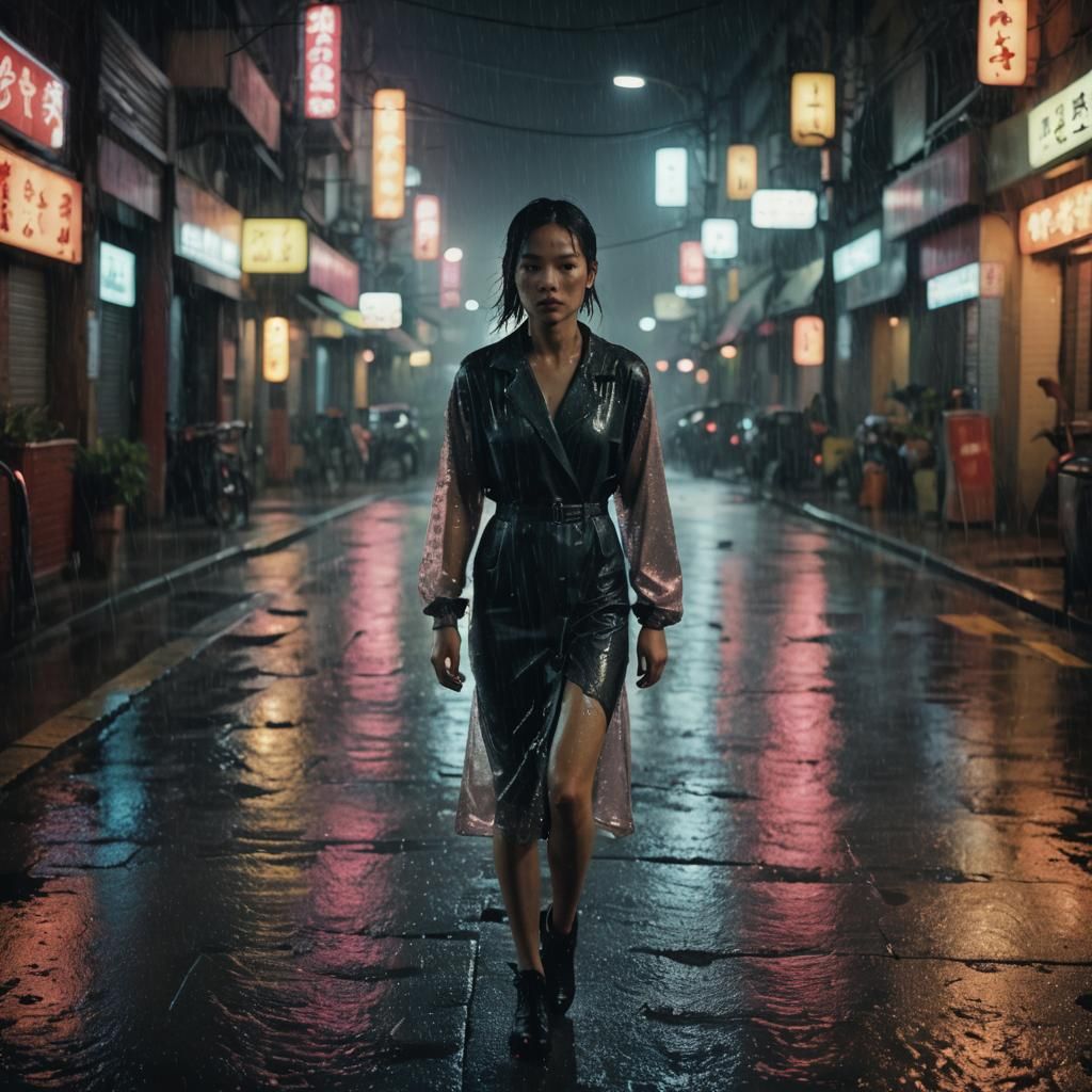 Rainy Night: Woman in Noir Cinematic Style