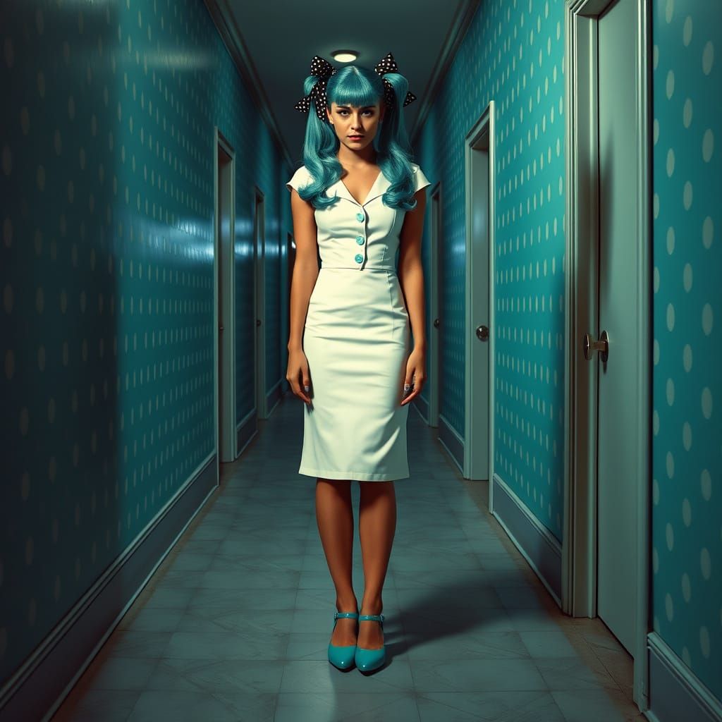 Woman in Turquoise Hallway, Gothic Whimsy Style