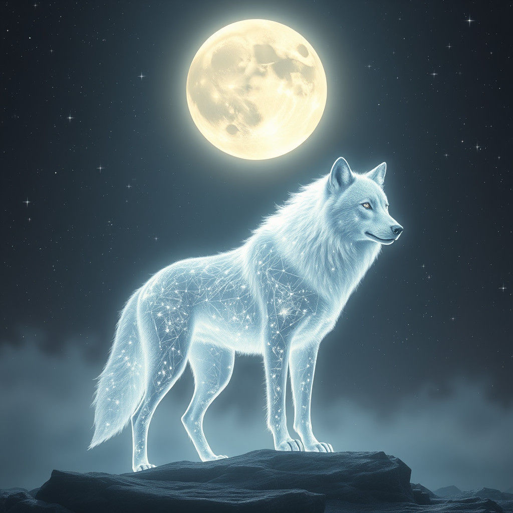 Luminous Crystalline Wolf Under Pale Moon